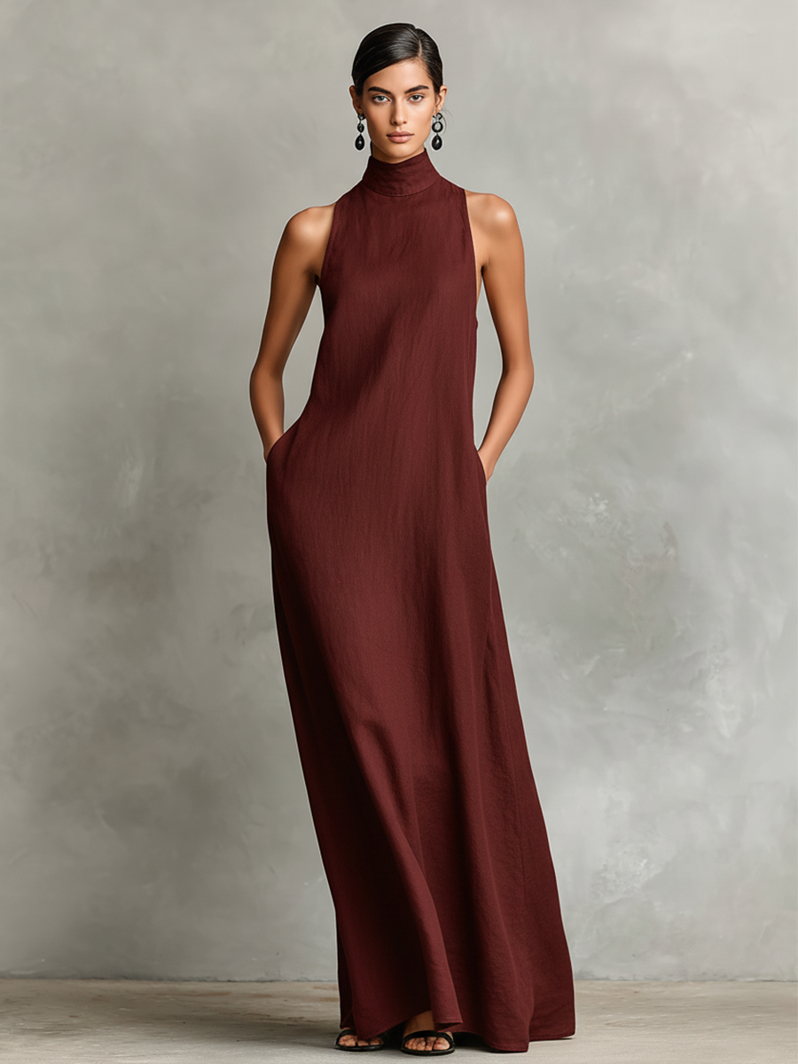 Solenne - Hochgeschlossenes Leinenmix-Maxikleid